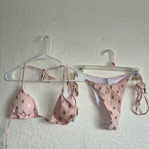 Pink bikini with gold polka dots